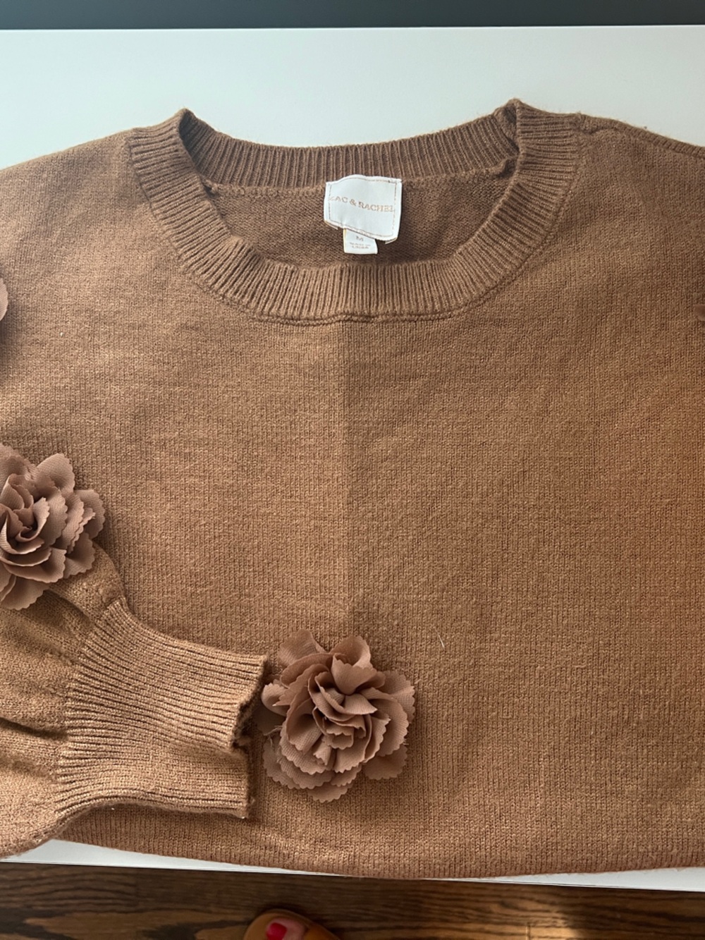 Zac & Rachel Tan Floral-Appliqué Crewneck Sweater